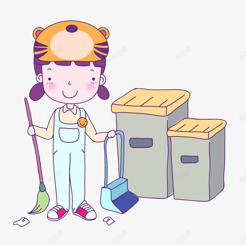 卡通扫地女孩图png免抠素材_新图网 https://ixintu.com 卡通 可爱的 垃圾桶 女孩 扫地 扫把 清洁工 漂亮的