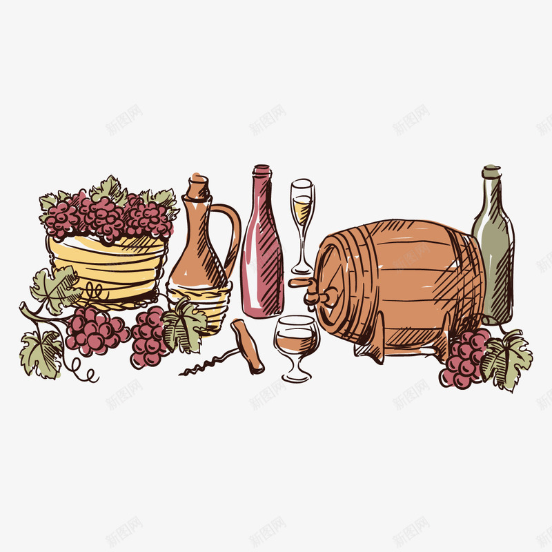 葡萄和酒矢量图ai免抠素材_新图网 https://ixintu.com 葡萄 葡萄酒 酒 酒桶 酒瓶 矢量图