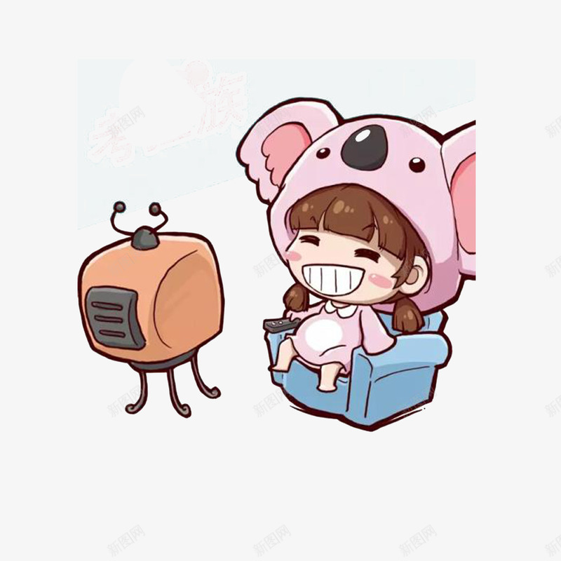 坐沙发上看电视的小女孩psd免抠素材_新图网 https://ixintu.com 坐沙发上看电视的小女孩 坐着看电视 沙发上的人 粉色树袋熊衣服 蓝色沙发