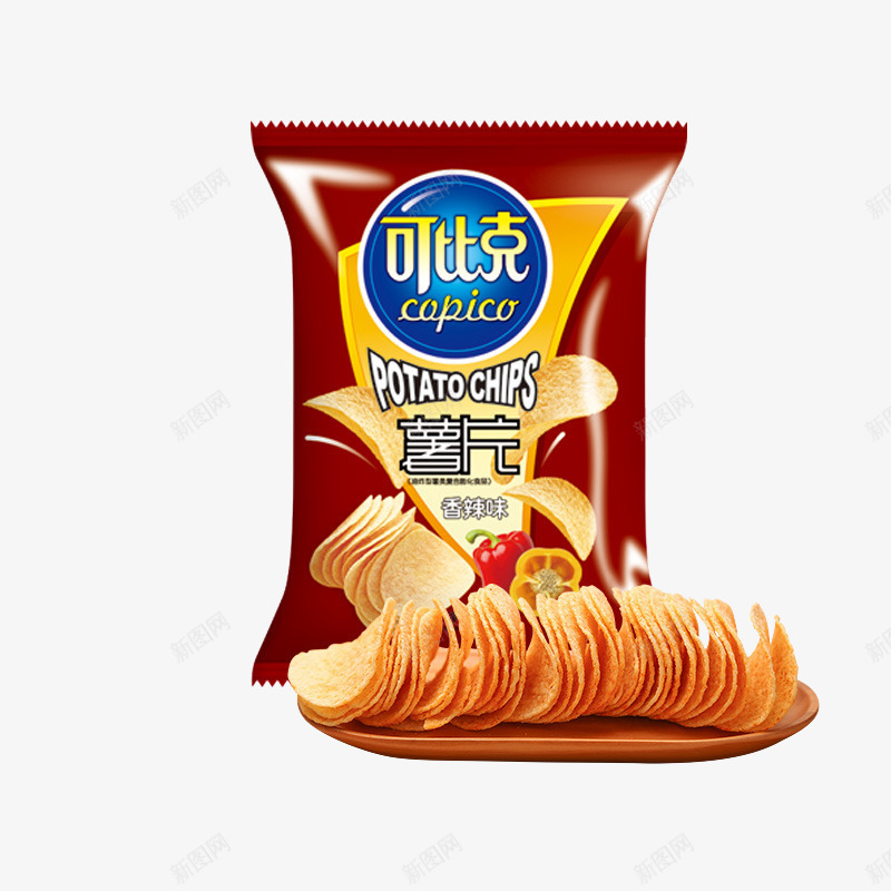 可比克袋装薯片png免抠素材_新图网 https://ixintu.com 产品实物 休闲膨化食品 免抠素材 可比克 可比克袋装薯片 薯片 零食 香辣味