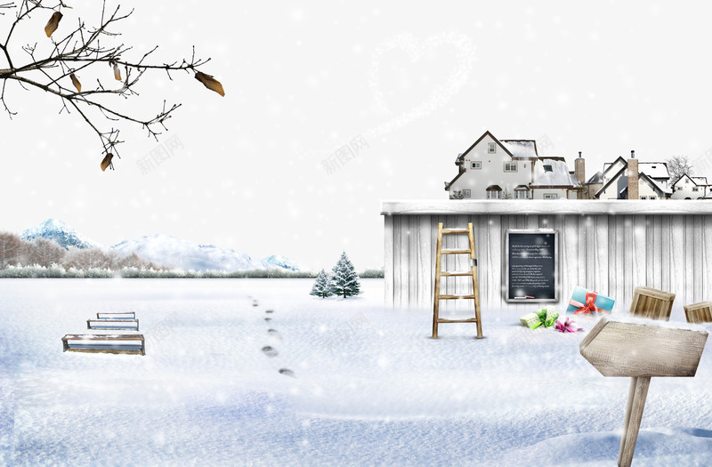 韩国乡村唯美雪景png免抠素材_新图网 https://ixintu.com 下雪 乡村 乡村风景 房屋 韩国风 飞雪