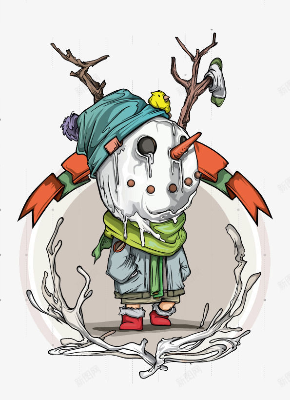 融化的雪人png免抠素材_新图网 https://ixintu.com 卡通 围巾 枯枝 融化 衣服 雪人