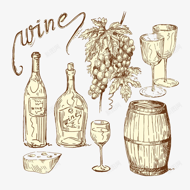 手绘葡萄酒红酒主题素描图案png免抠素材_新图网 https://ixintu.com 主题 图案 手绘风格 素描风格 红酒 红酒素描 葡萄酒 装饰