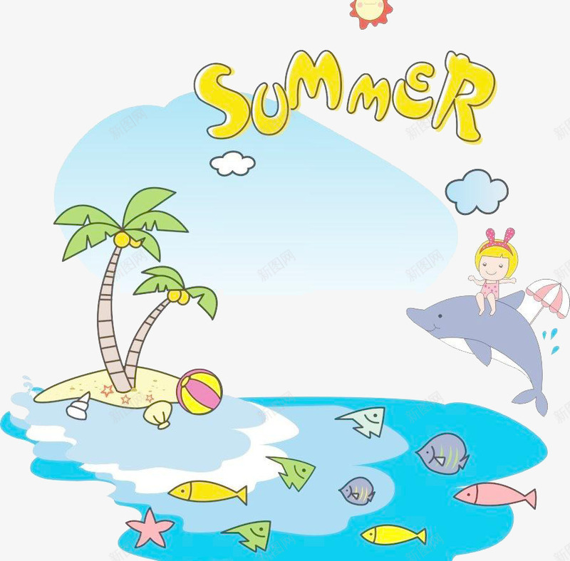 夏天背景png免抠素材_新图网 https://ixintu.com 卡通小人骑鲸鱼 椰子树 海滩元素 蓝色