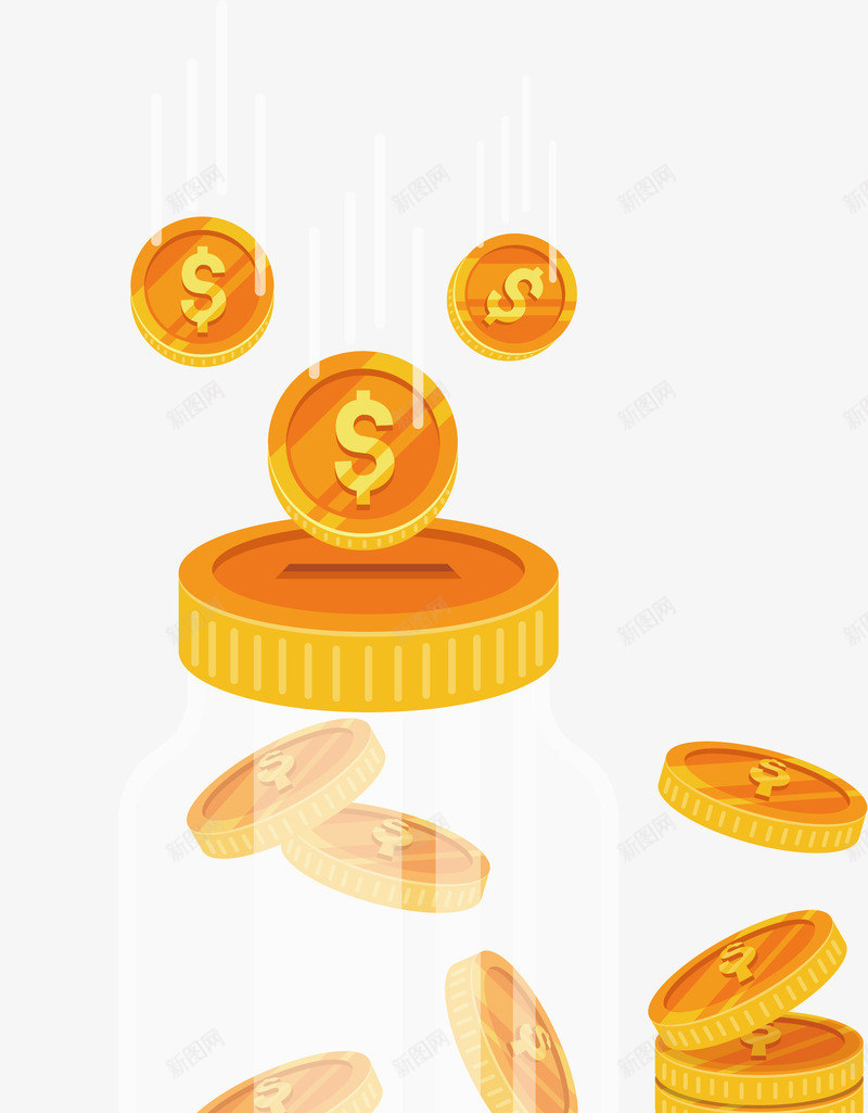 投入瓶子的金币png免抠素材_新图网 https://ixintu.com 攒钱 玻璃瓶 矢量png 财富 金币 金币堆