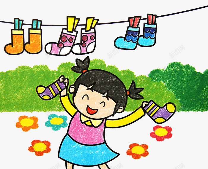 蜡笔手绘卡通小女孩洗衣服画png免抠素材_新图网 https://ixintu.com 卡通 卡通女孩 卡通衣服 女孩 蜡笔 衣服