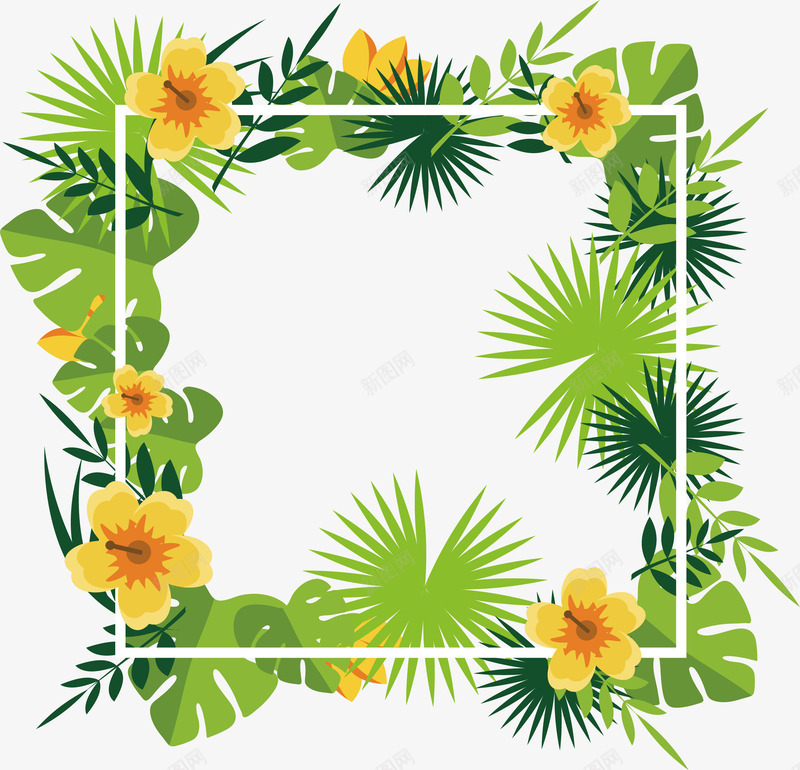 清爽小黄花边框png免抠素材_新图网 https://ixintu.com 夏日相框 小黄花 树叶装饰框 热带相框 矢量png 绿色树叶