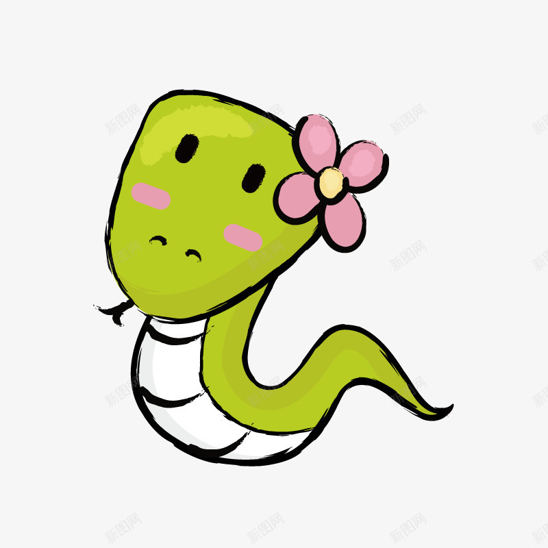 绿色戴花的卡通小蛇png免抠素材_新图网 https://ixintu.com 小蛇 漂亮的 爬行动物 简图 绿色小蛇 花朵 装饰
