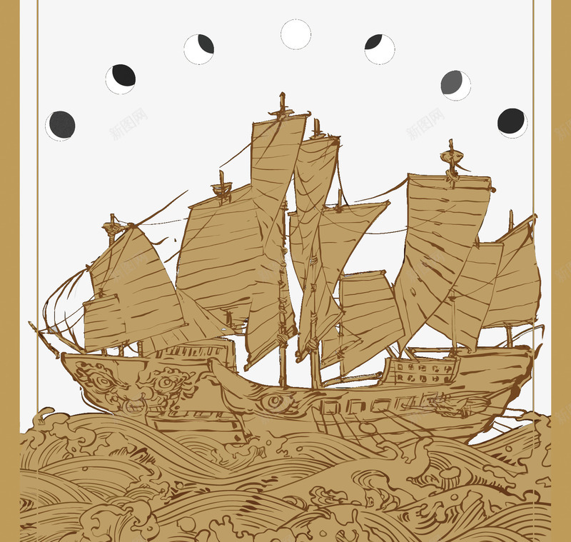 大船png免抠素材_新图网 https://ixintu.com 中国风 帆船 手绘 月亮 矢量船 航海 船 金色