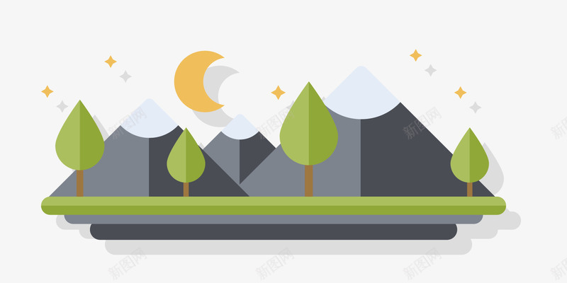 卡通郊外风景png免抠素材_新图网 https://ixintu.com 夜晚 山峰 月亮 植物 绿色树木 郊外 风景