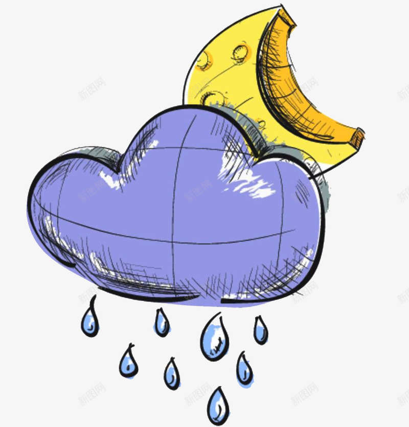 下雨的夜晚png免抠素材_新图网 https://ixintu.com 下雨 卡通手绘 月亮 雨 雨丝帘 雨滴