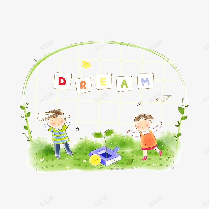 儿童插画png免抠素材_新图网 https://ixintu.com 彩铅画 水彩画 温馨 漫画 玩耍男女 童年生活 草地