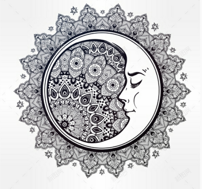 黑白月亮插画png免抠素材_新图网 https://ixintu.com 恬静 插画 月亮 黑白