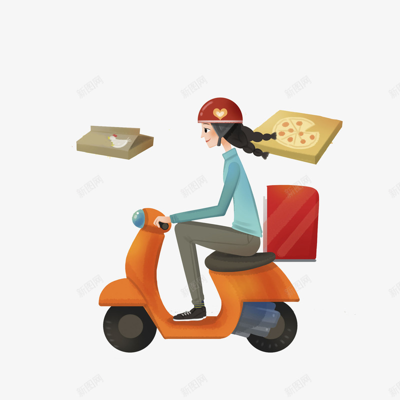 骑电车的女人png免抠素材_新图网 https://ixintu.com 卡通 女人 手绘 披萨 漂亮的 送餐员 骑车的