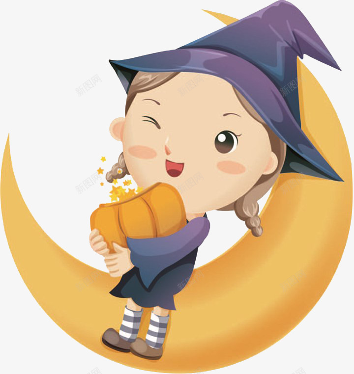 坐在月亮上的小孩png免抠素材_新图网 https://ixintu.com 南瓜 小孩 帽子 弯月