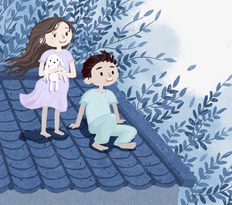 卡通手绘屋顶上看风景的孩子psd免抠素材_新图网 https://ixintu.com 卡通 屋顶上 手绘 树叶 植物装饰 看风景的孩子 黄色的月亮