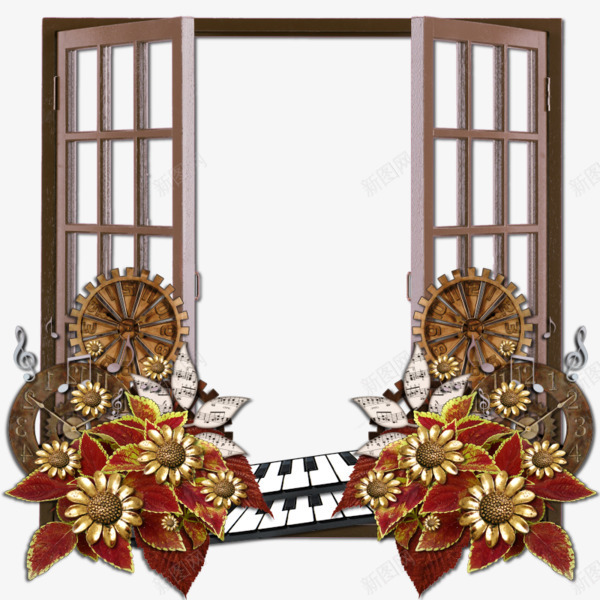 卡通木质窗户背景菊花png免抠素材_新图网 https://ixintu.com 卡通手绘 木质窗户 背景 菊花