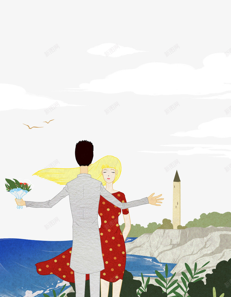 情感插画png免抠素材_新图网 https://ixintu.com 卡通 情感 情感插画 感情 插图 插画 海岸 漫画 灯塔 爱情 花朵