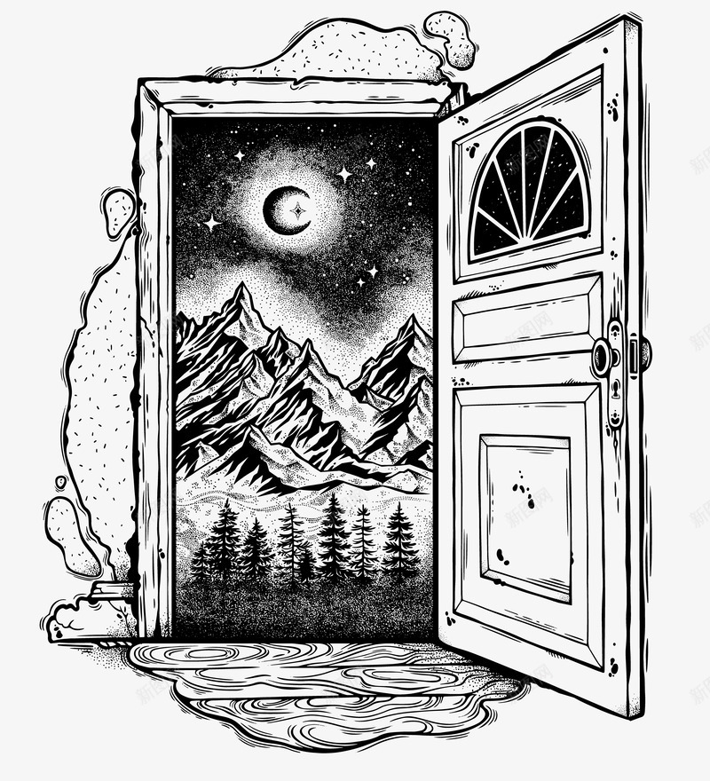 房门外的风景素描画png免抠素材_新图网 https://ixintu.com 创意 大山 房门 打开的 月亮 素描画 门外风景
