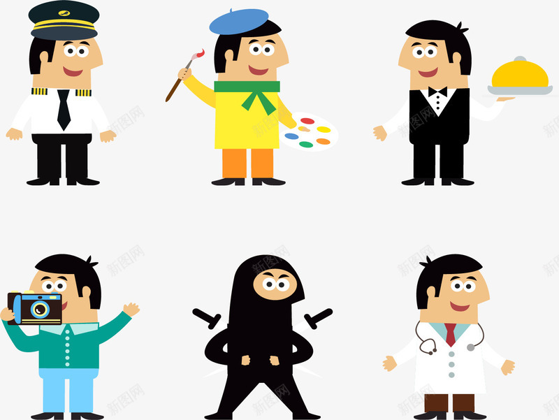 六种不同职业扁平小人png免抠素材_新图网 https://ixintu.com 医生 厨师 各行各业 扁平小人 画家 矢量素材 职业小人 警察