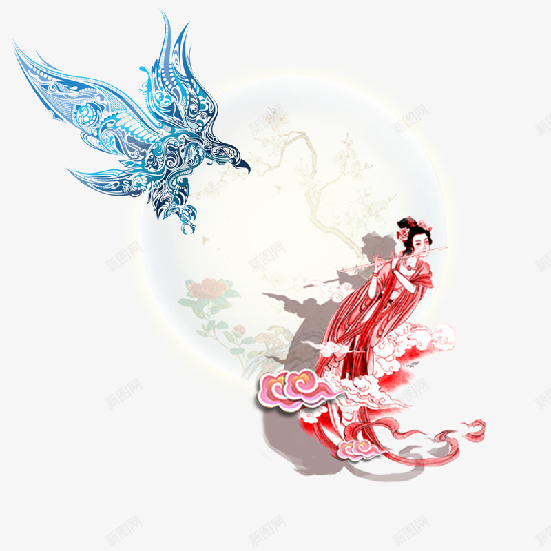 嫦娥仙子月宫吹笛png免抠素材_新图网 https://ixintu.com 中秋 仙气 嫦娥 月亮 笛子 老鹰