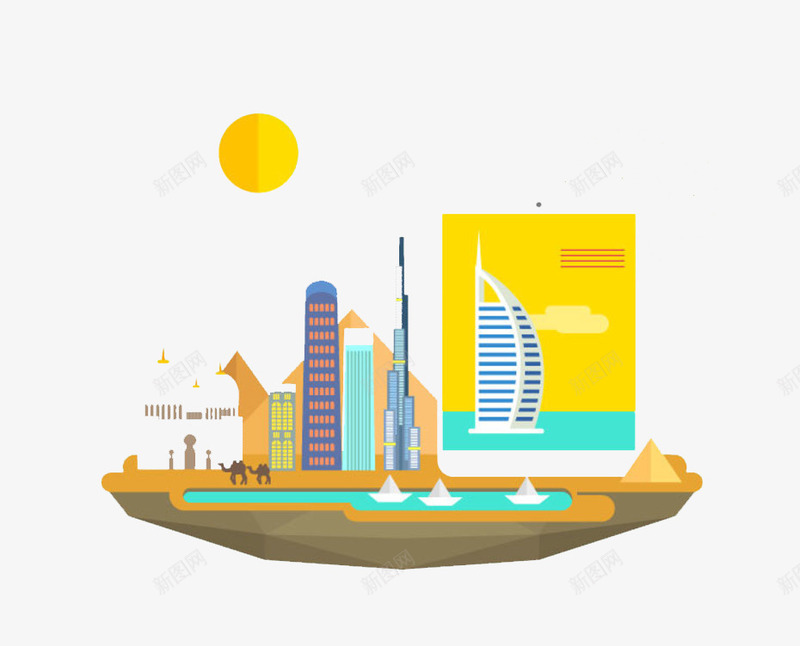 沙漠中的创意建筑物png免抠素材_新图网 https://ixintu.com 卡通 城市旅游插画 多彩 太阳 建筑物 扁平风格 沙漠 骆驼 高楼
