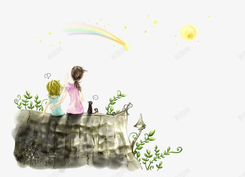 看星星png免抠素材_新图网 https://ixintu.com 女孩 女孩背景 月亮 看星星