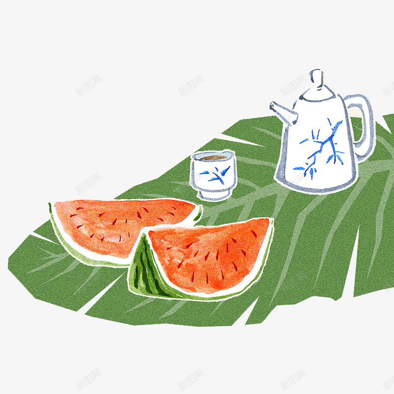 手绘插画清新夏日装饰插图芭蕉叶png免抠素材_新图网 https://ixintu.com 手绘 手绘插画清新夏日装饰插图芭蕉叶茶水与西瓜免费下载 插画 清新夏日 芭蕉叶 茶水 装饰插图 西瓜
