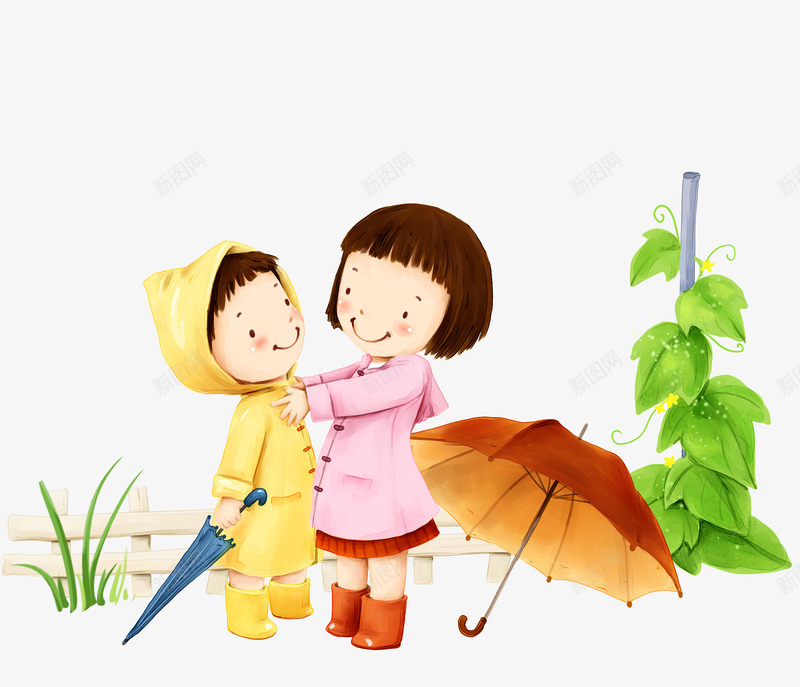 手绘卡通psd免抠素材_新图网 https://ixintu.com 下雨 夏天 小草 栏杆 漫画 童年 藤蔓 雨伞