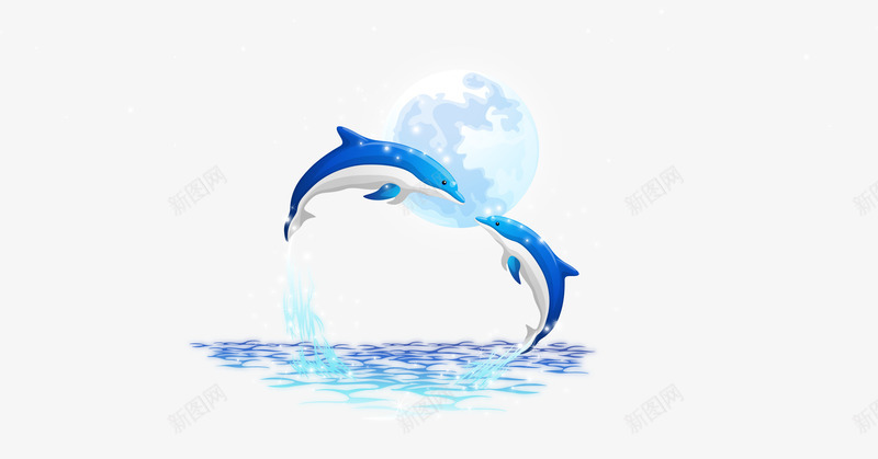 浪漫月光海豚png免抠素材_新图网 https://ixintu.com 光芒 月亮 波光 海豚 海面 蓝色