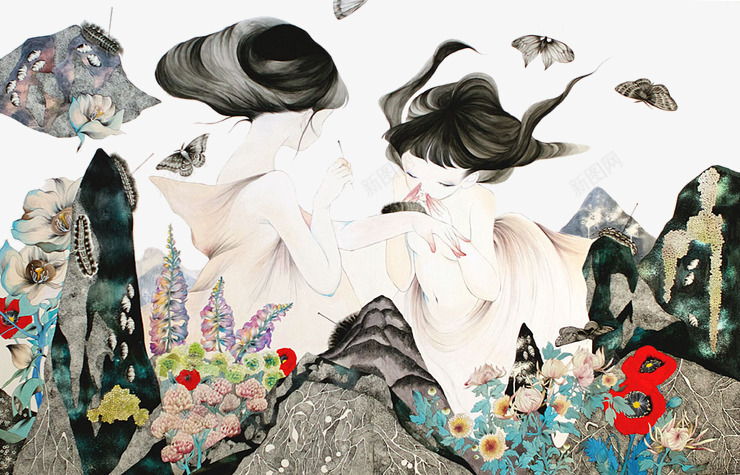 花丛少女纹身png免抠素材_新图网 https://ixintu.com 个性 创新 单页 少女 手绘 毛毛虫 水墨 画画 纹身 花丛