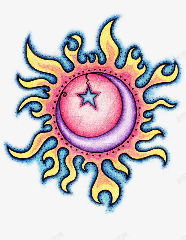 彩色的太阳png免抠素材_新图网 https://ixintu.com 发光 太阳 彩绘 星星 月亮
