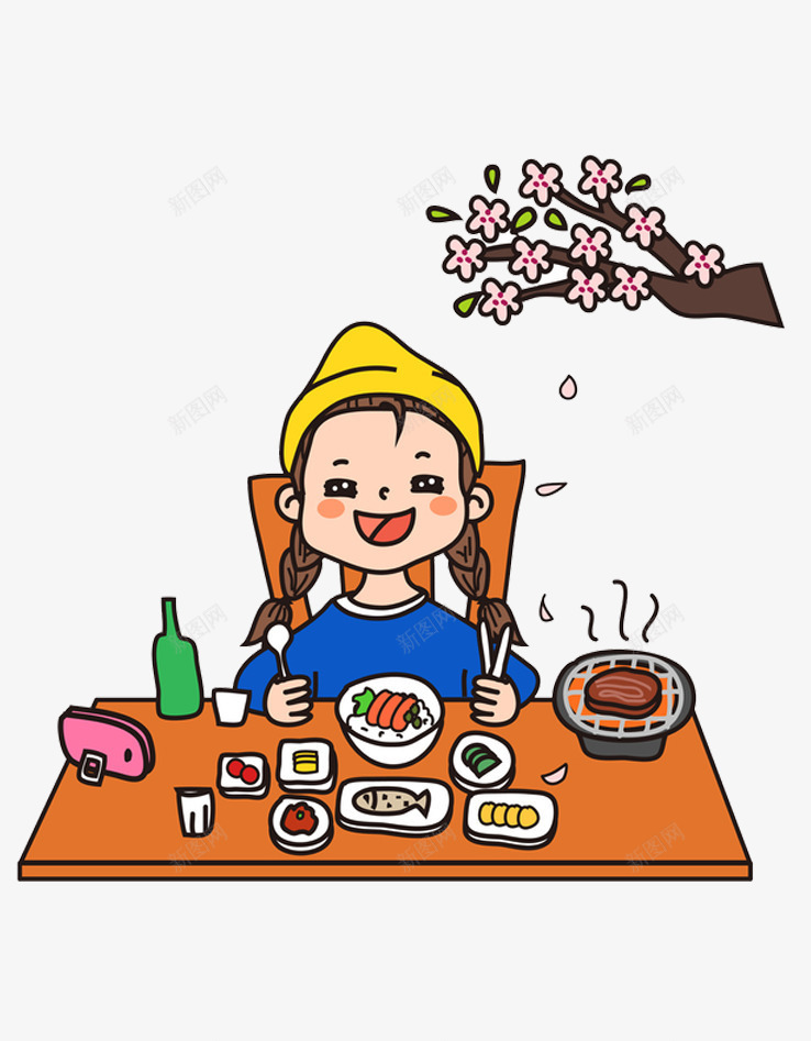 长发女孩开心吃饭png免抠素材_新图网 https://ixintu.com 丰盛 创意卡通 可爱 多彩 女孩 户外 手绘 桃花树 长发