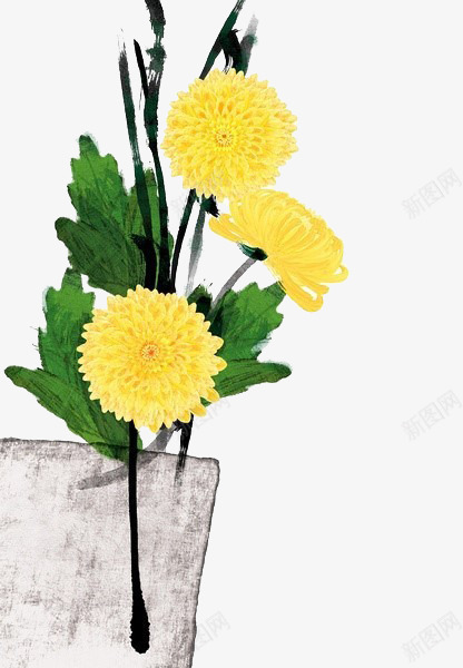菊花png免抠素材_新图网 https://ixintu.com 手绘植物 绿叶 装饰 黄花