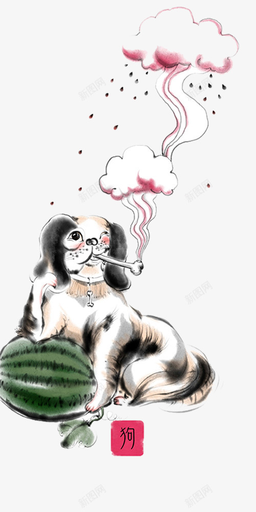抱着西瓜的狗狗psd免抠素材_新图网 https://ixintu.com 云雾 斑点狗 白色 西瓜