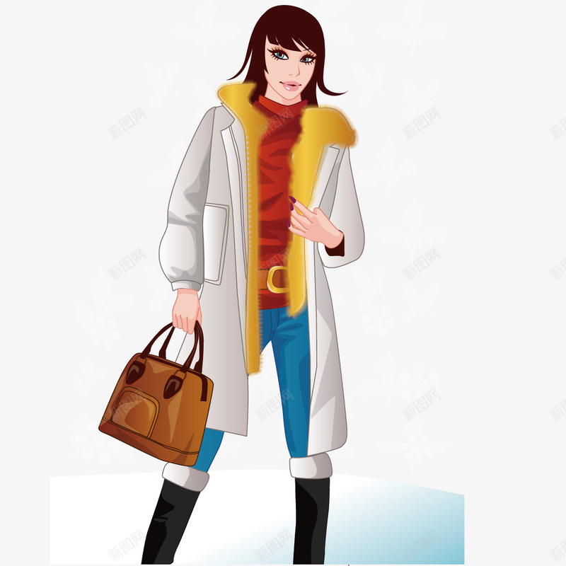 穿大衣提包的女性png免抠素材_新图网 https://ixintu.com ai 冬天 挎包 棉大衣女孩 雪花背景宝宝