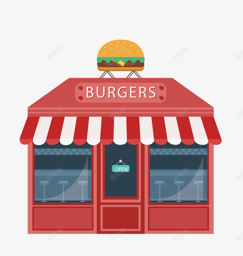 汉堡包点矢量图ai免抠素材_新图网 https://ixintu.com 快餐店 红色的店 食物 餐厅 矢量图