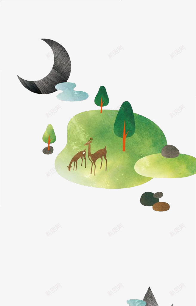 森林中的小鹿psd免抠素材_新图网 https://ixintu.com 动物 卡通月亮 小树 小鹿 山峰 绿地