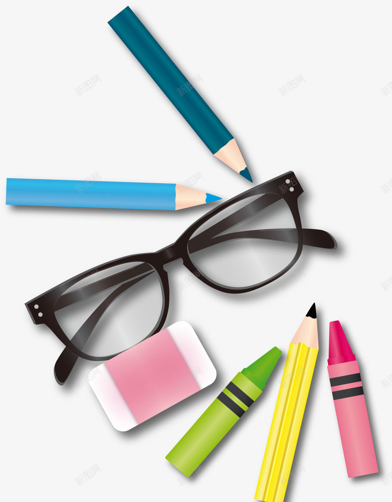 开学季铅笔学习用品png免抠素材_新图网 https://ixintu.com 各式铅笔 多彩铅笔 学习用品 开学季 蜡笔 黑色眼镜