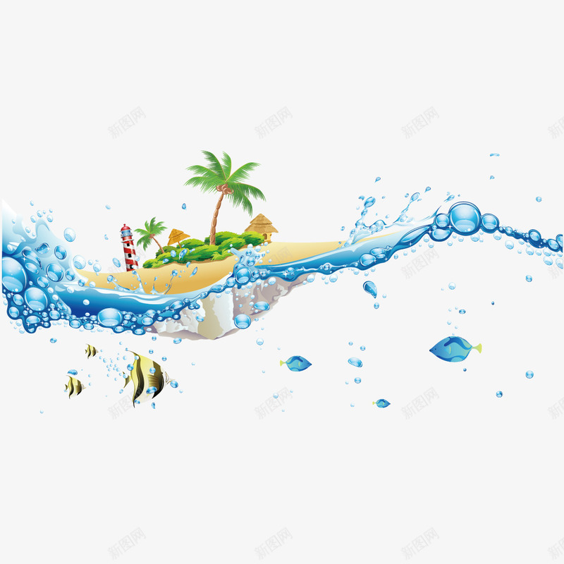 水花和椰子树png免抠素材_新图网 https://ixintu.com 卡通椰子树 椰子树 水花