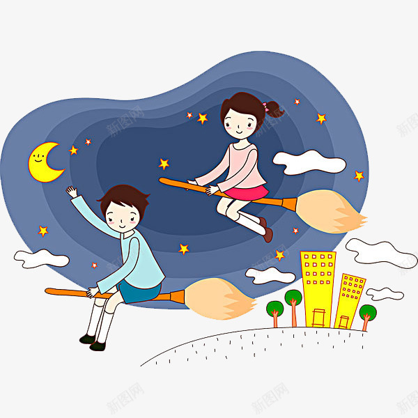 插画骑着魔法扫帚的男孩和女孩png免抠素材_新图网 https://ixintu.com 夜晚 女巫 扫帚 插画 月亮 漫画 童话 魔法 魔法扫帚