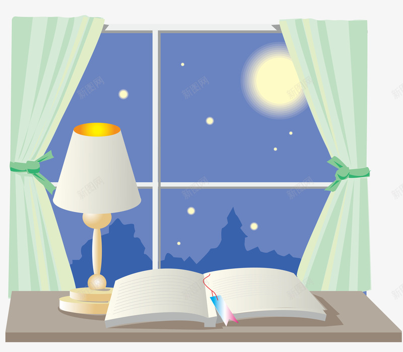 夜晚的月亮台灯和书本png免抠素材_新图网 https://ixintu.com 书本 书桌 关窗 台灯 月亮 矢量窗户