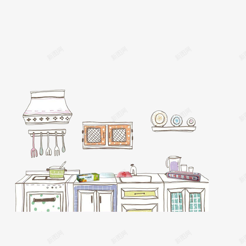 简笔彩绘厨房场景psd免抠素材_新图网 https://ixintu.com 厨房简笔画 手绘图 漂亮整洁 简笔彩绘