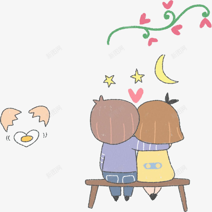 看月亮的情侣png免抠素材_新图网 https://ixintu.com 卡通 恩爱的 情侣 星星 月亮 板凳 爱心 背影