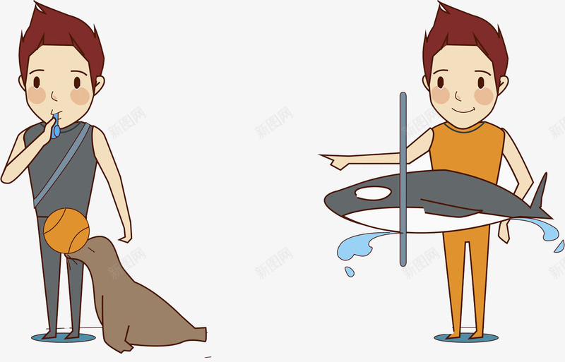 手绘训练动物的人png免抠素材_新图网 https://ixintu.com 人物 哨子 多彩 手绘 海洋动物 海狮 海豚 简约
