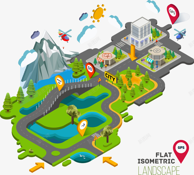 卡通风景导航png免抠素材_新图网 https://ixintu.com 卡通风景导航 太阳 导航 山丘 箭头 风景导航