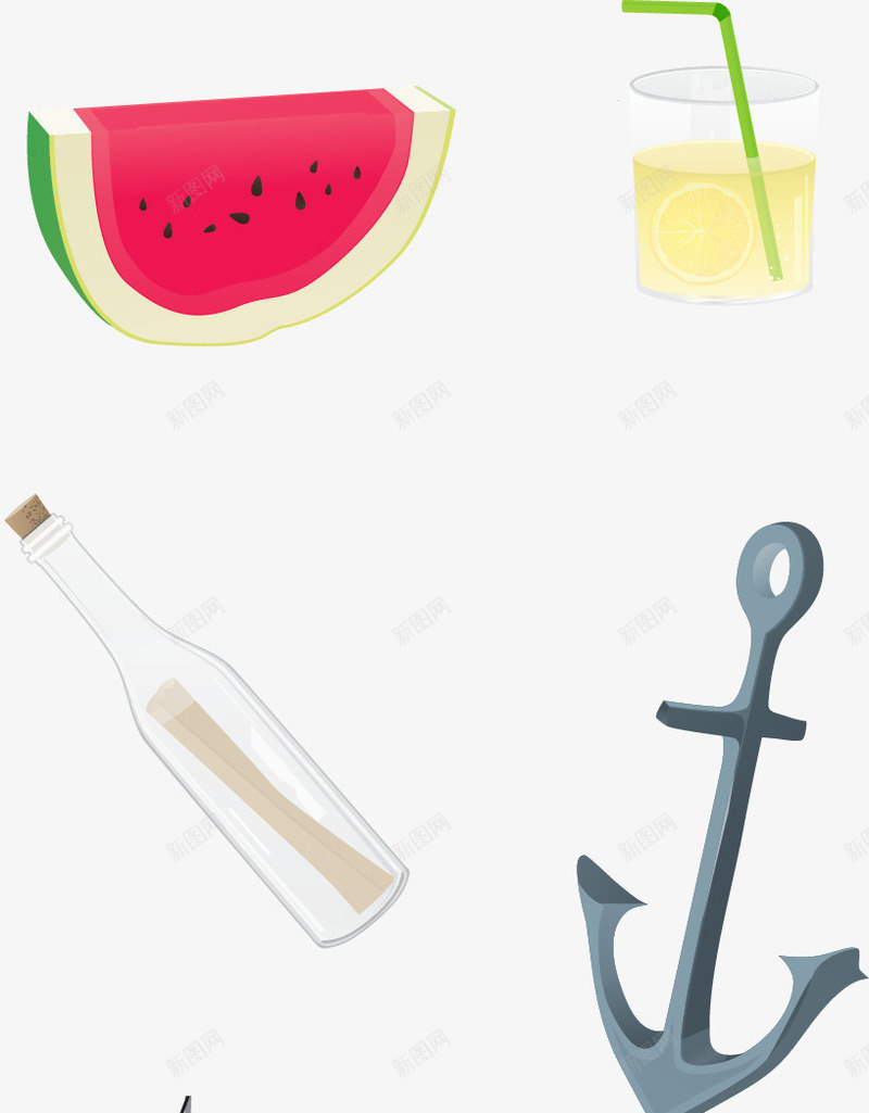 夏日海滩png免抠素材_新图网 https://ixintu.com 漂流瓶 西瓜 饮料