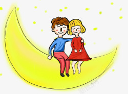 情侣元素手绘坐在月亮上的情侣插画高清图片