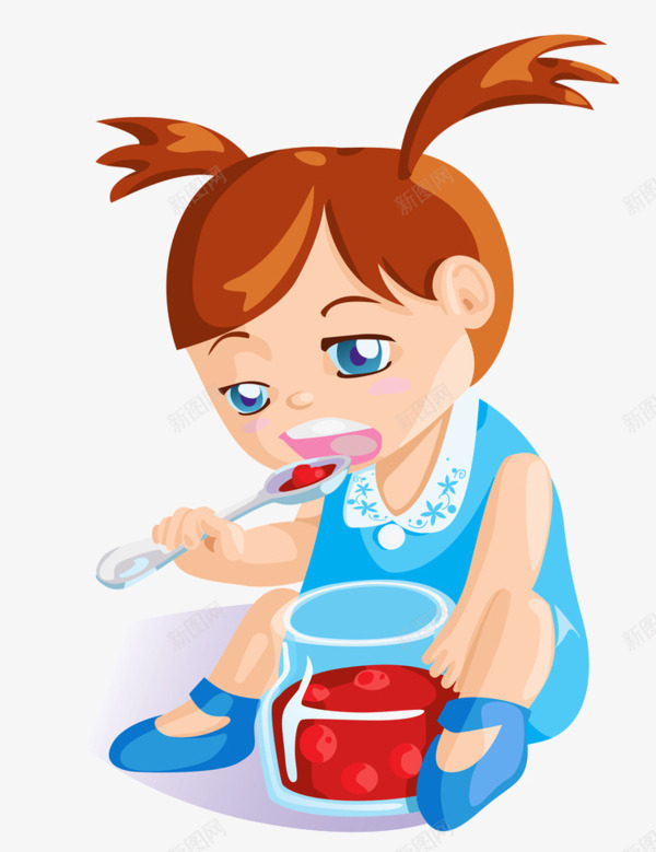 喝汤的卡通小女孩png免抠素材_新图网 https://ixintu.com 卡通PNG素材 双马尾 张嘴 汤勺 玻璃罐 蓝色连衣裙