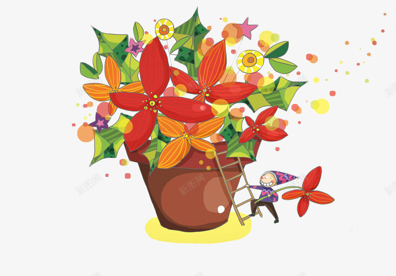 百花齐放装饰元素png免抠素材_新图网 https://ixintu.com 小人儿 梯子 矢量素材 花卉 花朵 花盆